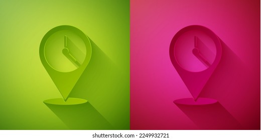 Paper cut Location with clock icon isolated on green and pink background. Paper art style. Vector Illustration