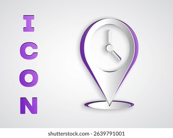 Paper cut Location with clock icon isolated on grey background. Paper art style. Vector Illustration