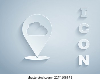 Paper cut Location cloud icon isolated on grey background. Paper art style. Vector