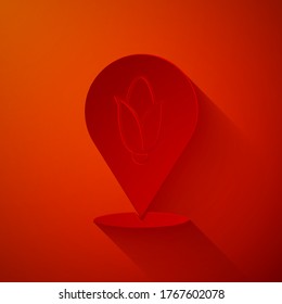 Paper cut Location corn icon isolated on red background. Paper art style. Vector