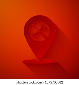 Paper cut Location with crossed screwdriver and wrench tools icon isolated on red background. Pointer settings symbol. Paper art style. Vector Illustration