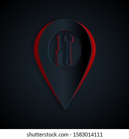 Paper cut Location with crossed screwdriver and wrench tools icon isolated on black background. Pointer settings symbol. Paper art style. Vector Illustration