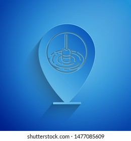 Paper cut Location fishing icon isolated on blue background. Fishing place. Paper art style. Vector Illustration