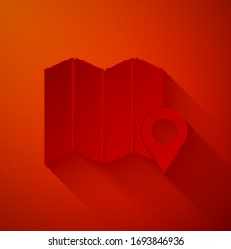 Paper cut Location of the forest on a map icon isolated on red background. Paper art style. Vector Illustration