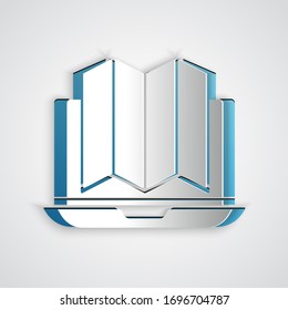 Paper cut Location of the forest on a map in laptop icon isolated on grey background. Paper art style. Vector Illustration