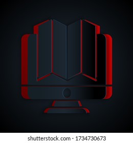 Paper cut Location of the forest on a map in monitor icon isolated on black background. Paper art style. Vector Illustration