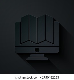 Paper cut Location of the forest on a map in monitor icon isolated on black background. Paper art style. Vector Illustration