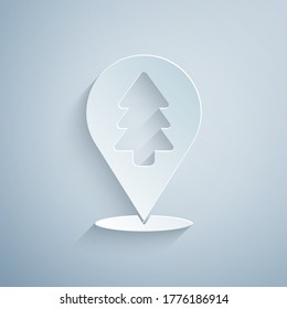 Paper cut Location of the forest on a map icon isolated on grey background. Paper art style. Vector Illustration