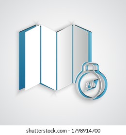 Paper cut Location of the forest on a map icon isolated on grey background. Paper art style. Vector Illustration