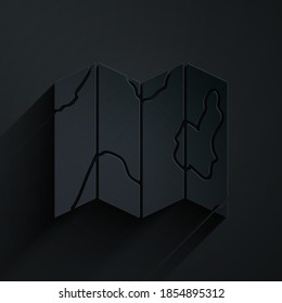 Paper cut Location of the forest on a map icon isolated on black background. Paper art style. Vector