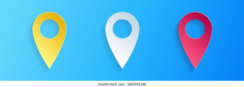 Paper cut Location icon isolated on blue background. Pointer symbol. Navigation map, gps, direction, place, compass, contact, search concept. Paper art style. Vector.