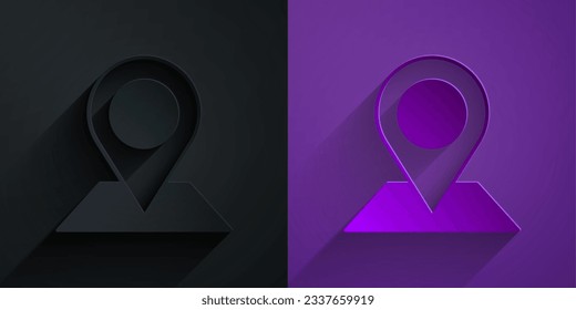 Papierschnitt Location Symbol einzeln auf schwarz-violettem Hintergrund. Welt- oder Erdzeichen. Kunststil aus Papier. Vektorgrafik