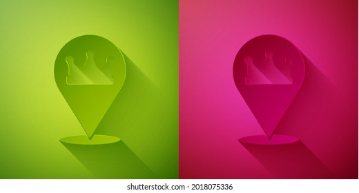 Paper cut Location king crown icon isolated on green and pink background. Paper art style. Vector