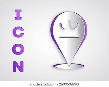 Paper cut Location king crown icon isolated on grey background. Paper art style. Vector