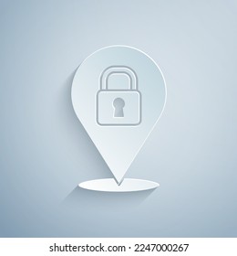 Paper cut Location lock icon isolated on grey background. The concept of the house turnkey. Paper art style. Vector