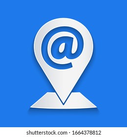 Paper cut Location and mail and e-mail icon isolated on blue background. Envelope symbol e-mail. Email message sign. Paper art style. Vector Illustration