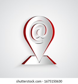 Paper cut Location and mail and e-mail icon isolated on grey background. Envelope symbol e-mail. Email message sign. Paper art style. Vector Illustration