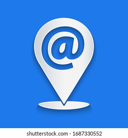 Paper cut Location and mail and e-mail icon isolated on blue background. Envelope symbol e-mail. Email message sign. Paper art style. Vector Illustration