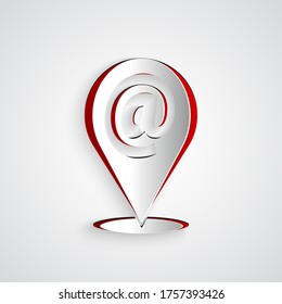 Paper cut Location and mail and e-mail icon isolated on grey background. Envelope symbol e-mail. Email message sign. Paper art style. Vector Illustration