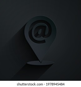 Paper cut Location and mail and e-mail icon isolated on black background. Envelope symbol e-mail. Email message sign. Paper art style. Vector Illustration