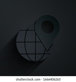 Paper cut Location on the globe icon isolated on black background. World or Earth sign. Paper art style. Vector Illustration