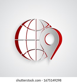 Paper cut Location on the globe icon isolated on grey background. World or Earth sign. Paper art style. Vector Illustration