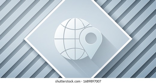 Paper cut Location on the globe icon isolated on grey background. World or Earth sign. Paper art style. Vector Illustration