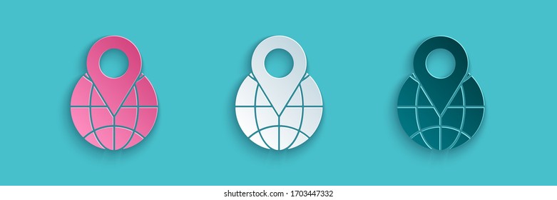 Paper cut Location on the globe icon isolated on blue background. World or Earth sign. Paper art style. Vector Illustration