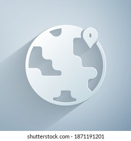 Paper cut Location on the globe icon isolated on grey background. World or Earth sign. Paper art style. Vector
