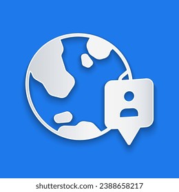 Paper cut Location on the globe icon isolated on blue background. World or Earth sign. Paper art style. Vector