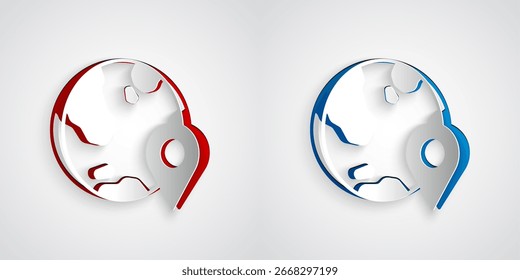 Paper cut Location on the globe icon isolated on grey background. World or Earth sign. Paper art style. Vector