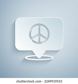 Paper cut Location peace icon isolated on grey background. Hippie symbol of peace. Paper art style. Vector