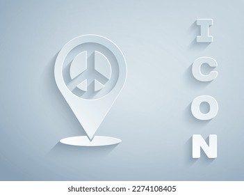 Paper cut Location peace icon isolated on grey background. Hippie symbol of peace. Paper art style. Vector