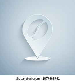 Paper cut Location pin with coffee bean icon isolated on grey background. Paper art style. Vector.