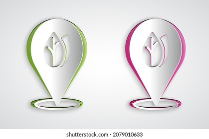 Paper cut Location pin with leaf inside icon isolated on grey background. Leaves sign. Fresh natural product symbol. Paper art style. Vector