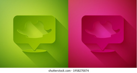 Paper cut Location pirate icon isolated on green and pink background. Paper art style. Vector