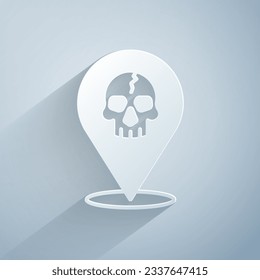 Paper cut Location pirate icon isolated on grey background. Paper art style. Vector