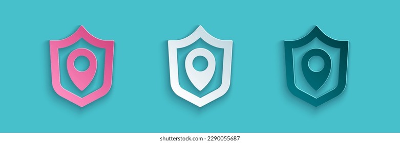 Papier-Schnittpunkt Ortsmarkierung Symbol einzeln auf blauem Hintergrund. Versicherungskonzept. Schutzschild. Sicherheit, Sicherheit, Schutz, Datenschutz Kunststil aus Papier. Vektorgrafik