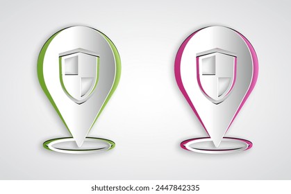 Paper cut Location shield icon isolated on grey background. Insurance concept. Guard sign. Security, safety, protection, privacy concept. Paper art style. Vector