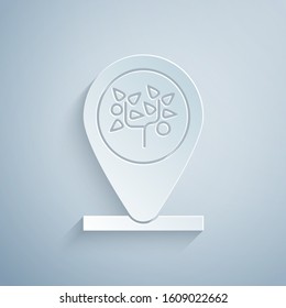Paper cut Location and tree icon isolated on grey background. Paper art style. Vector Illustration
