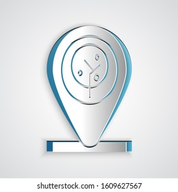 Paper cut Location and tree icon isolated on grey background. Paper art style. Vector Illustration