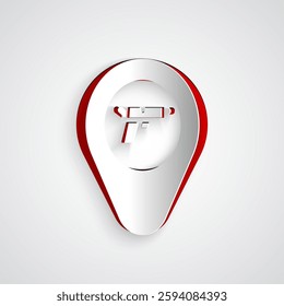 Paper cut Location with weapon icon isolated on grey background. Paper art style. Vector