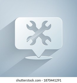 Paper cut Location with wrench spanner icon isolated on grey background. Adjusting, service, setting, maintenance, repair, fixing. Paper art style. Vector