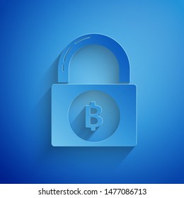 Paper cut Lock with bitcoin icon isolated on blue background. Cryptocurrency mining, blockchain technology, security, protect, digital money. Paper art style. Vector Illustration