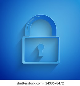 Paper cut Lock icon isolated on blue background. Padlock sign. Security, safety, protection, privacy concept. Paper art style. Vector Illustration