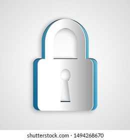 Paper cut Lock icon isolated on grey background. Closed padlock sign. Cyber security concept. Digital data protection. Safety safety. Paper art style. Vector Illustration