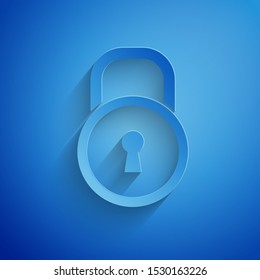 Paper cut Lock icon isolated on blue background. Padlock sign. Security, safety, protection, privacy concept. Paper art style. Vector Illustration