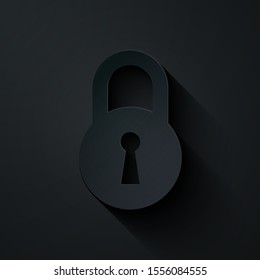 Paper cut Lock icon isolated on black background. Padlock sign. Security, safety, protection, privacy concept. Paper art style. Vector Illustration
