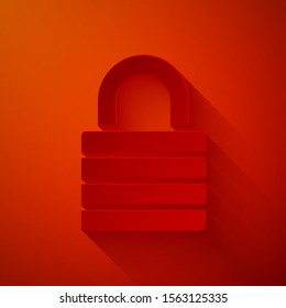 Paper cut Lock icon isolated on red background. Padlock sign. Security, safety, protection, privacy concept. Paper art style. Vector Illustration