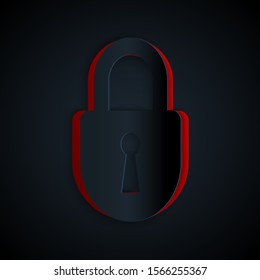 Paper cut Lock icon isolated on black background. Padlock sign. Security, safety, protection, privacy concept. Paper art style. Vector Illustration